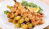 Noisette potatoes with grilled prawns
