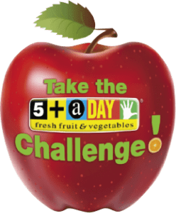 Red apple with "Take the 5 a day challenge" text logo
