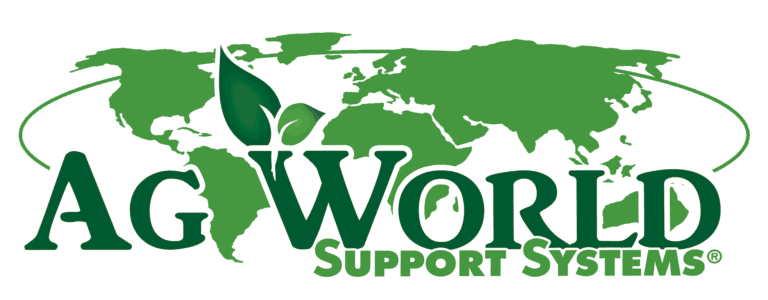 Green world map with AG World Support Systems logo and leaf design