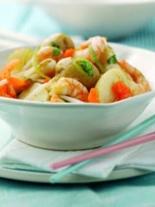 Bowl of shrimp and vegetable stir-fry with potatoes