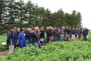 Group of people gathered in agricultural field with trees