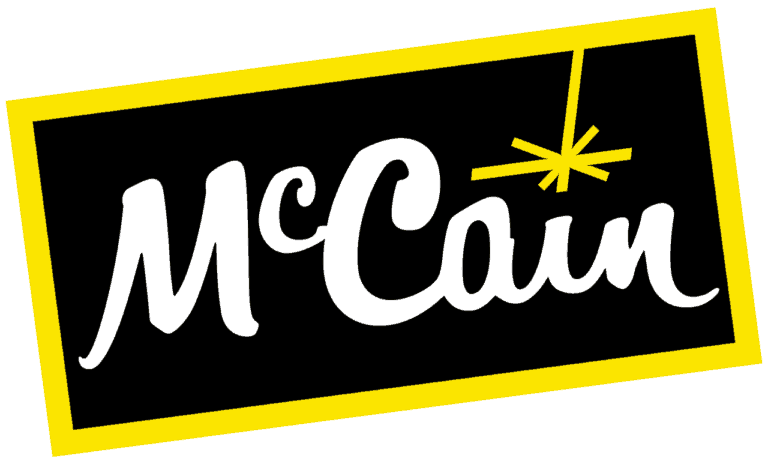 McCain logo with white text and yellow border on black background