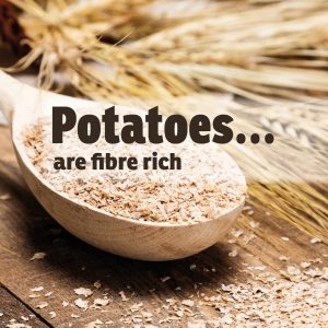 Wooden spoon with bran flakes and text about potatoes fiber content.