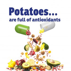 Antioxidant fruits and nuts falling from capsules, potatoes text