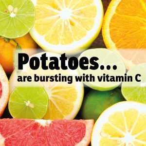 Citrus fruits background with text about potatoes and vitamin C.