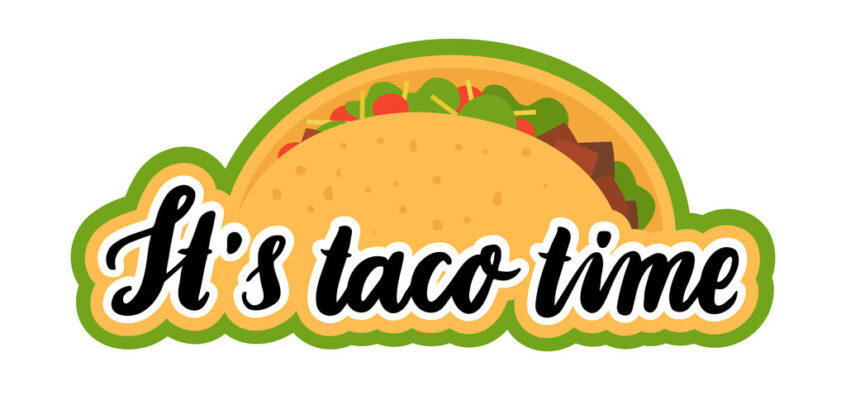 The hand-drawing inscription: "It's taco time", of black ink with image taco. It can be used for menu, sign, banner, poster, and other promotional marketing materials. Vector Image.