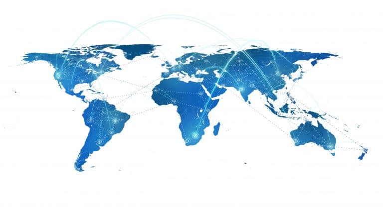 Lines connect a selection of major global cities revealing a world wide network.