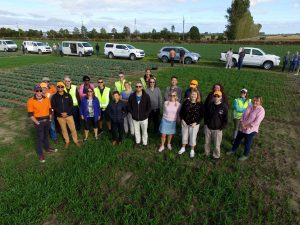 Group of people standing in agricultural field with vehicles in background
