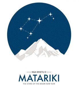 Matariki constellation over mountain representing Maori New Year stars.