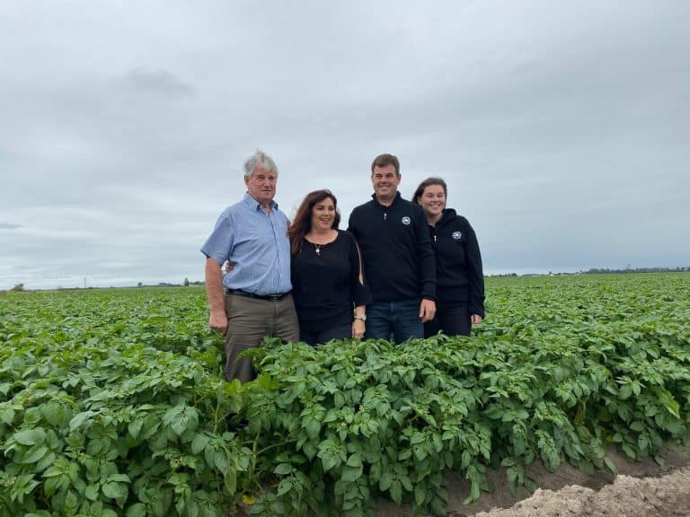 Four people standing in green potato farm field under cloudy sky