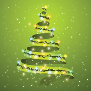 Decorative spiral Christmas tree with colorful lights on green