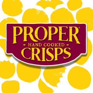 Proper Hand Cooked Crisps logo with yellow chip shapes background