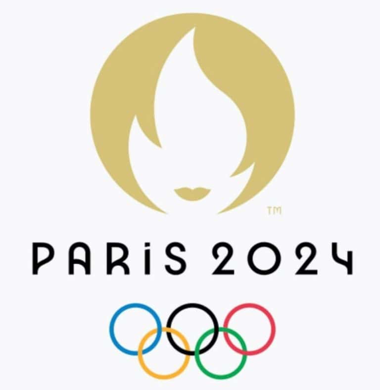 Paris 2024 Olympics logo with gold flame and Olympic rings.