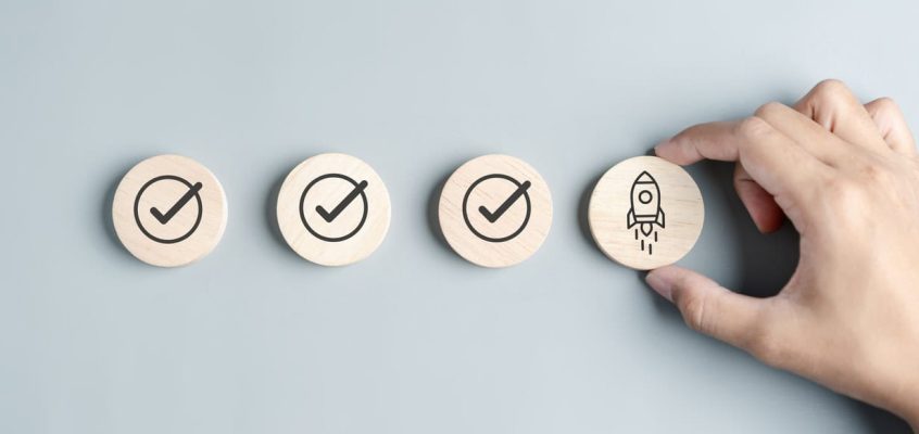 Hand Business with rocket launch icon, Fast start up business checklist step to goal and success objective target and solution concept.