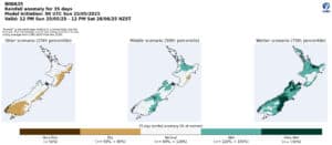 Rainfall anomaly map for New Zealand 35-day forecast 2025