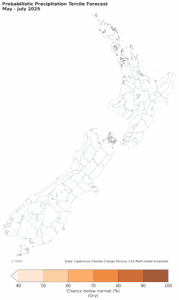 Map of New Zealand probabilistic precipitation forecast May to July 2025, dry chance percentages.