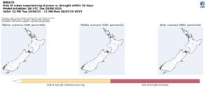 New Zealand drought risk map showing dryness scenarios within 35 days