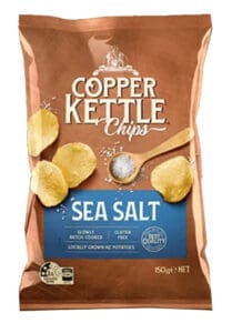 Copper Kettle Sea Salt potato chips bag, gluten-free snack