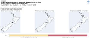 New Zealand drought risk forecast maps for August-September 2025
