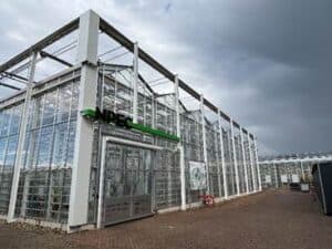 Modern spacious glass greenhouse building under cloudy sky