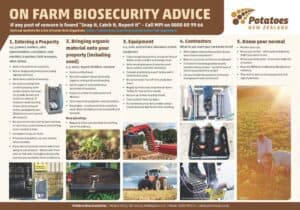 Farm biosecurity advice poster with images on safety steps.