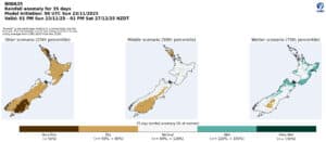 Rainfall anomaly forecast map for New Zealand, November-December 2025