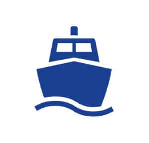 Blue boat icon over wavy water, front view symbol