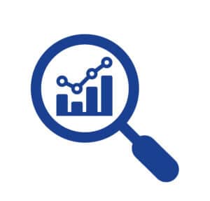 Magnifying glass showing bar chart and line graph analysis icon.