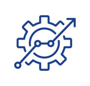 Blue gear icon with upward trending arrow and data points