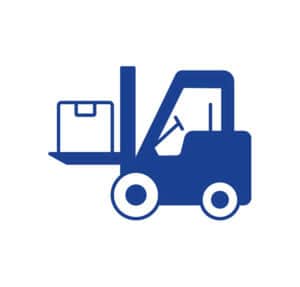 Blue forklift icon carrying a box on a white background