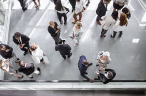 Overhead view of diverse business professionals networking indoors