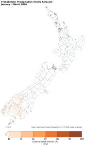 Probabilistic precipitation forecast map, New Zealand, January-March 2026.
